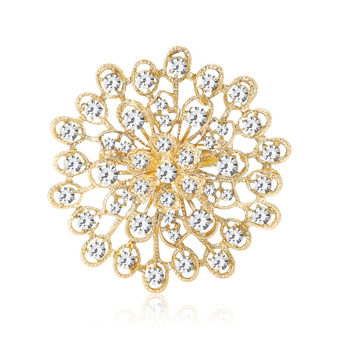 Round Crystal Sunburst Brooch in Silver or Gold Tone