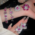 Silver Pink Crystal Flower Rings Bracelets Earrings view 2