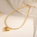 Gold Steel Puffy Heart Pendant Snake Chain Necklace Titanium view 2