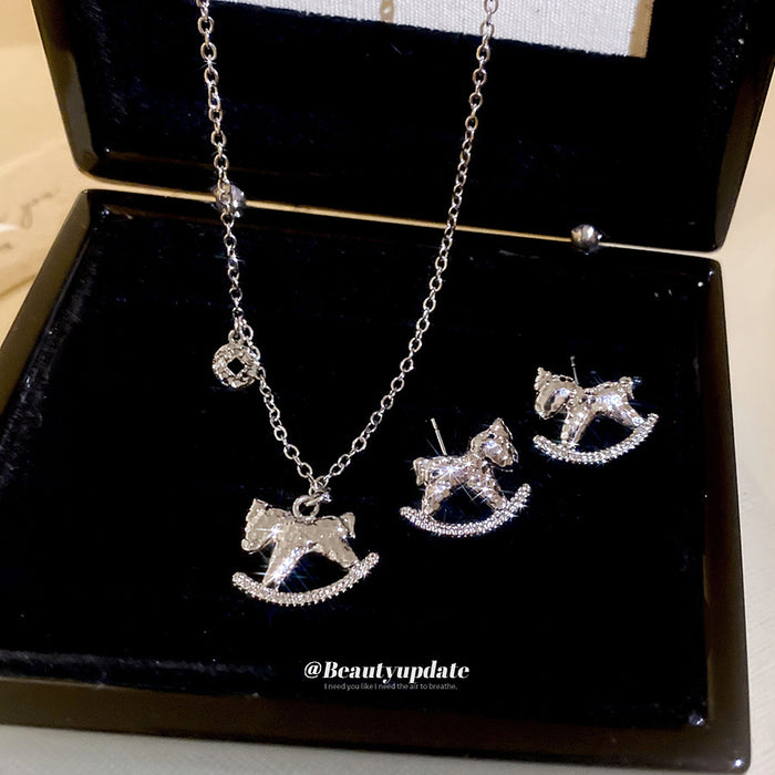 Silver Tone Zircon Pave Rocking Horse Stud Earrings