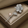 Rhinestone Rose Stem Brooch Pearl Accent Gold Silver view 4