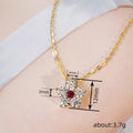 Gold Tone Flower Pendant Necklace Clear Red Center view 4