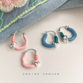Silver Tone Blue And Pink Enamel Knot Huggie Hoop Earrings view 3
