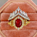Red Oval Crystal Ornate Crown Ring in Two Tone Metal view 3