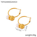 Gold Steel Hammered Ball Pearl Necklace Hoop Earring Set view 8