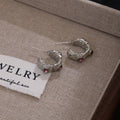 Silver Tone Irregular C Hoop Pink Accent Stud Earrings view 2