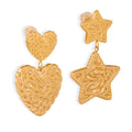 Textured Star Heart Double Drop Earrings Gold Steel Metal view 5