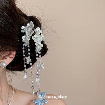 White Pearl Flower Duckbill Hair Clips Bead Dangle Style