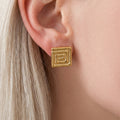 Square Greek Key Stud Earrings in Polished Gold Tone view 3