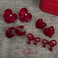 Wine Red Flocked Velvet Geometric Heart Bow Stud Earrings view 1