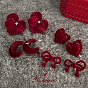 Wine Red Flocked Velvet Geometric Heart Bow Stud Earrings