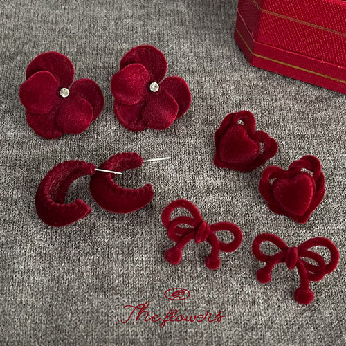 Assorted wine red flocked flower hoop heart bow studs on grey knit