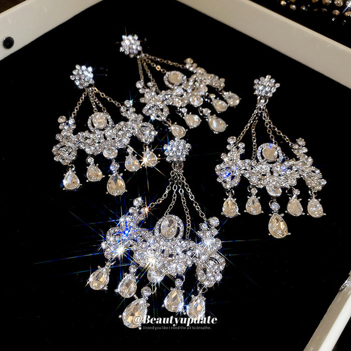 Silver Tone Crystal Floral Chandelier Earrings With Beaded Fringe
