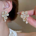 Gold Tone Crystal Flower Pearl Tassel Stud Earrings view 3