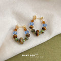 Gold Tiger Eye Beaded Hoop Earrings Blue Green Accents view 4