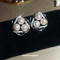 Silver Tone Floral Stud Earrings with Pink Pearl Accents view 1