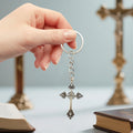 Silver-Tone Ornate Cross Metal Keychain With Chain Ring view 2