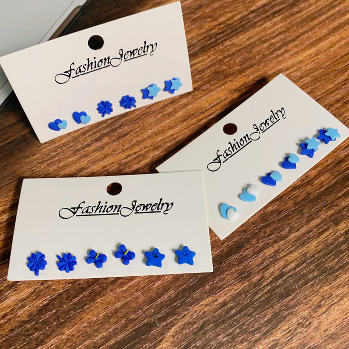 Blue Motif Mini Stud Earring Three Pair Sets in Three Designs