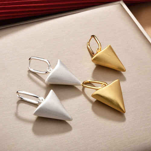 Brushed Triangular Drop Hoop Earrings shown from an angled view