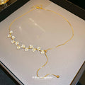Gold Snake Chain White Flower Pearl Lariat Necklace view 2