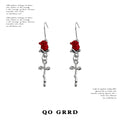 Silver Fishhook Earrings Red Rose Bloom Metal Stem Drop view 1