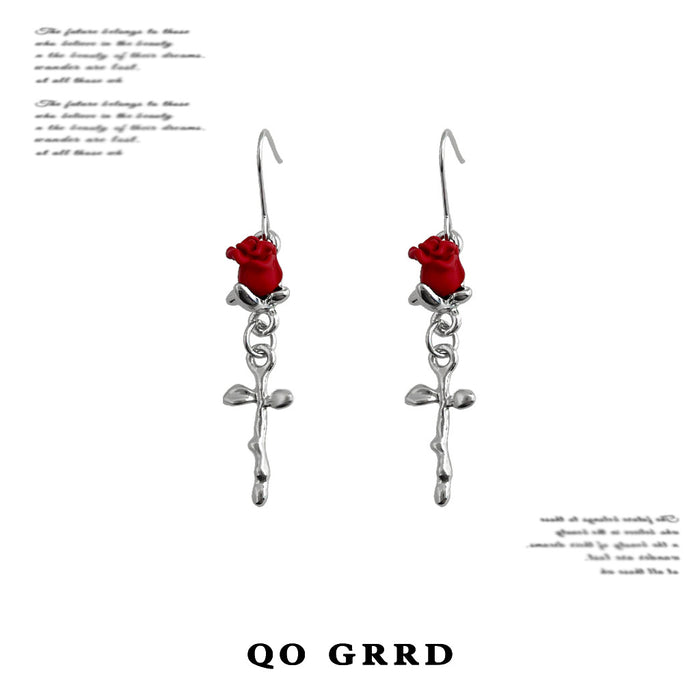 Silver Fishhook Earrings Red Rose Bloom Metal Stem Drop
