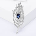 Silver Tone Crystal Feather Brooch With Blue Teardrop Gem view 3