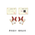 Gold Red Enamel Butterfly Clear CZ Pearl Stud Earrings view 3
