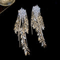 Silver Tone Crystal Wheat Leaf Fringe Statement Earrings view 6