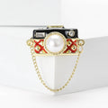 Enamel Camera Brooch With Pearl Lens Chain Gold Tone view 1