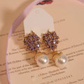 Purple Crystal Cluster Stud Earrings with Pearl Look Drops view 6