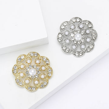 Round Crystal Flower Brooch with Pearl Center for Jackets, Coats, and Scarves