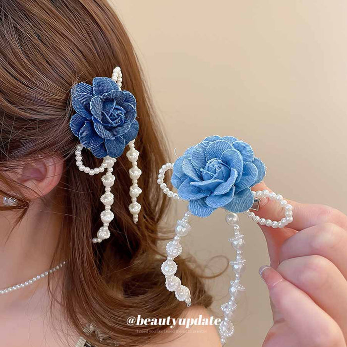 Denim Rose Flower Hair Clips Pearl Tassel Two Blues