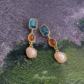 Gold Color Block Triple Drop Earrings Teal Amber Pink Stones view 3