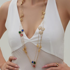 Heart Glass Stone Earrings Long Necklace Color Set