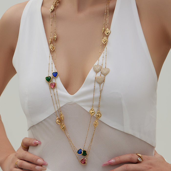 Heart Glass Stone Earrings Long Necklace Color Set