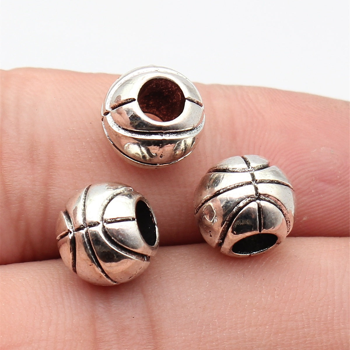 11x11x9.3mm 2.9g Antique Silver Zinc Alloy Basketball Pattern Large Hole Beads for DIY Bracelet Making