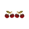 Glossy Red Cherry Stud Earrings With Green Leaf Accents view 5