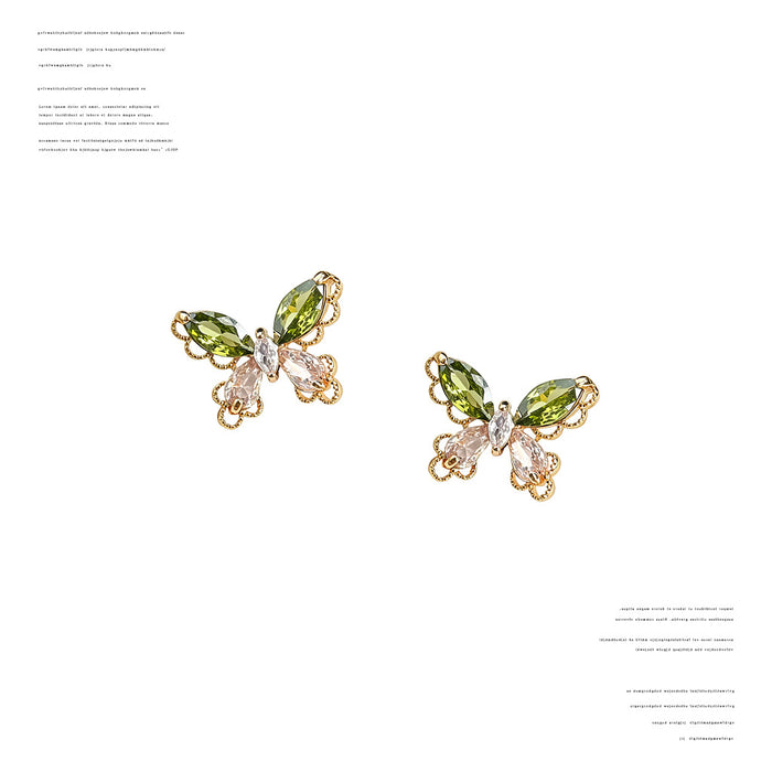 Gold Tone Olive Green And Pink Stone Butterfly Stud Earrings
