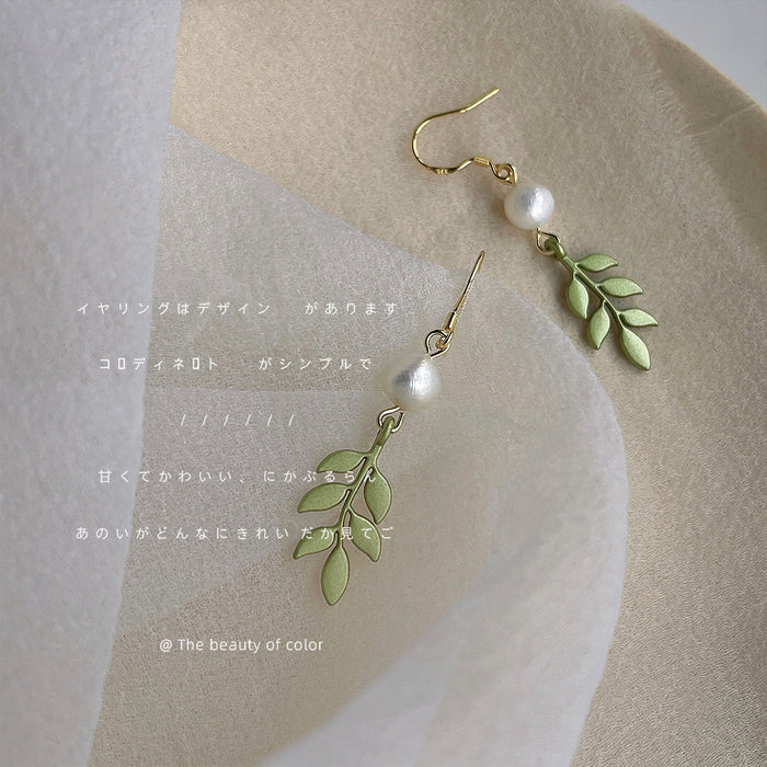 Gold Tone White Pearl And Green Leaf Branch Hook Earrings
