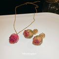 Three Gold Tone Rose Flower Earring And Necklace Designs In Pink Shades view 2