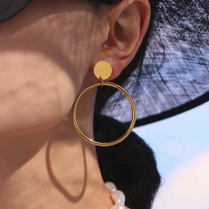 Large Hoop Drop Earrings With Round Disc Stud Tops