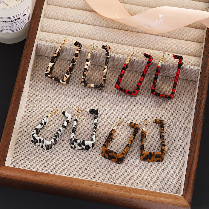 Brown and White Animal Print Open Rectangle Hoop Earrings