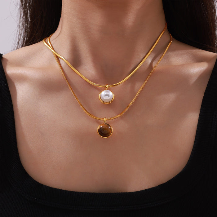 Gold Snake Chain Necklace Round Bezel Pendant Tiger Eye Or Pearl