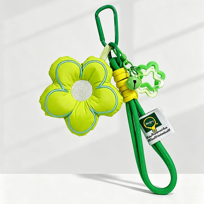 Padded Fabric Flower Charm Keychain With Bell And Cord Loop