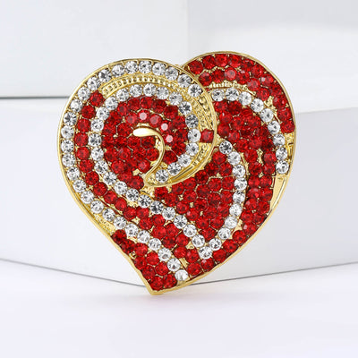 Front view of the red crystal heart poppy flower brooch in gold tone metal brooch and its color options