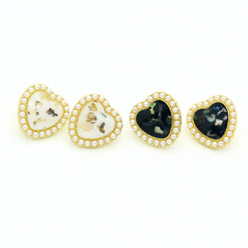 Gold Tone Pearl-Edged Pressed Flower Heart Stud Earrings