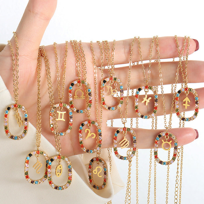 Gold Zodiac Oval Pendant Necklace Multicolor Zircon Frame