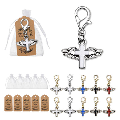 Packaging overview shows the winged enamel cross clasp charm with an organza bag and kraft tags.