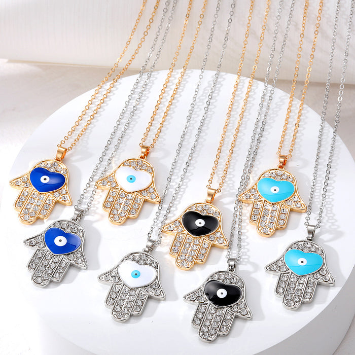 Gold and Silver Tone Crystal Hamsa Heart Eye Necklaces